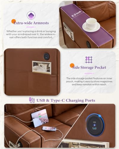 88" Brown Faux Leather Couch, 3 Seater Sofa with USB and Side Pockets