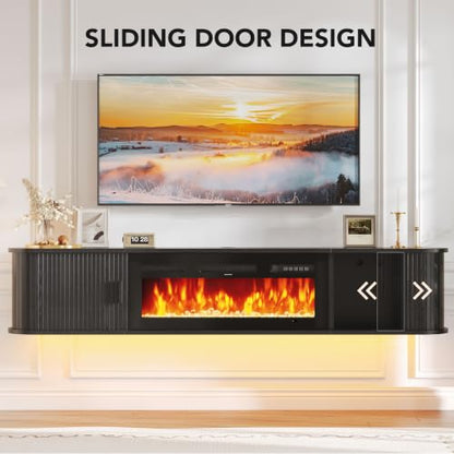 80" Floating TV Stand with Electric Fireplace, Wall Mounted Fireplace TV Stand, view 6