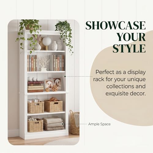 5-Shelf Bookcase, Wooden Standing Rack Book Storage Shelves Furniture Selection for Living Room, Bedroom, Home Office (White)