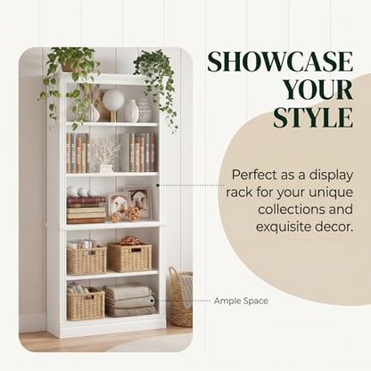 5-Shelf Bookcase, Wooden Standing Rack Book Storage Shelves Furniture Selection for Living Room, Bedroom, Home Office (White)