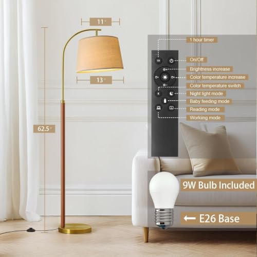 62.5" Gold Floor Lamp for Living Room Dimmable Standing Lamp with Remote, view 7