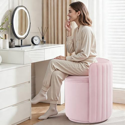 Vanity Chair with Storage, 360° Swivel Velvet Makeup Stool with Wave Backrest, Modern Round Upholstered Closet Stool, No Assembly for Bedroom, Dressing Room & Living Room, Pink