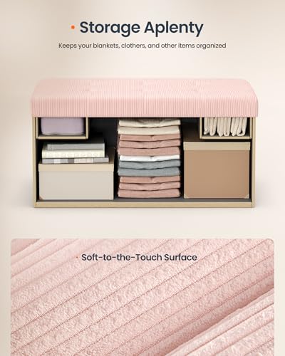 Ottoman with Storage, Removable Lid, Folding Storage Chest, Easy Assembly, for Entryway, Bedroom, Living Room, 15.2 x 30.2 x 15.2 Inches, Corduroy, Light Pink