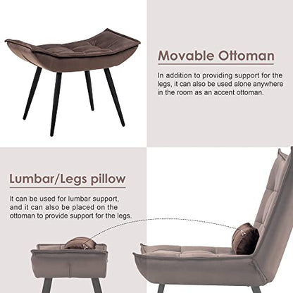 Accent Chair with Ottoman, Modern Velvet Wingback Lounge Chair, Upholstered Club Chair for Small Space, Living Room & Bedroom 4079 (Brown)