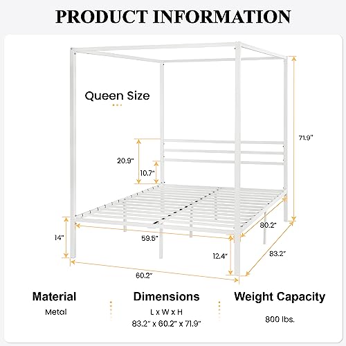 Queen Size Canopy Bed Frame with Heavy Duty Metal Slats, White, view 3