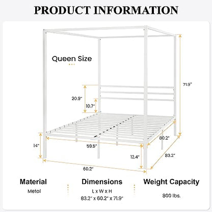 Queen Size Canopy Bed Frame with Heavy Duty Metal Slats, White, view 3