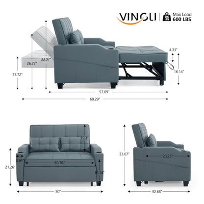 Blue Grey Futon Sofa Bed Convertible Loveseat Sleeper Couch, Faux Leather Pullout Sofa Fold Out Couch Bed with USB Ports, Cup Holders, Armrest for Living Room, Bedroom Apartment Room