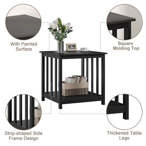 End Tables Living Room Set of 2, 24 Inch Square Side Table with 2-Tier Storage Shelf, Modern Nightstand for Living Room, Bedroom, Office, Black