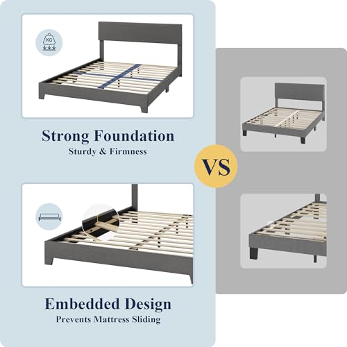 Queen Size Upholstered Bed Frame Adjustable Headboard, Dark Grey, view 8