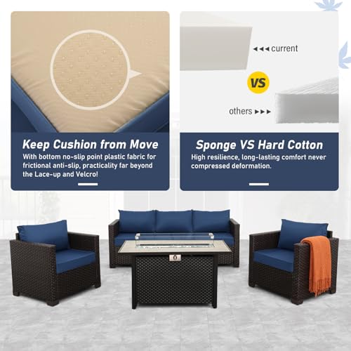 4 Piece Patio Furniture Set 45 Inches Fire Pit Table Outdoor Furniture Sets Patio Couch Outdoor Chairs 50000 BTU Propane Fire Pit with No-Slip Cushions and Waterproof Covers, Navy Blue