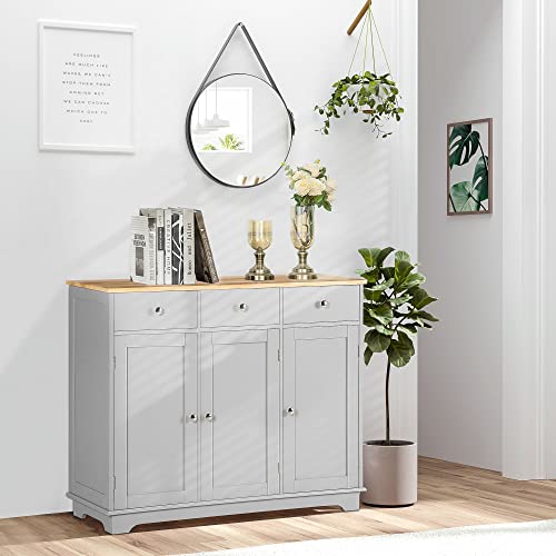 Sideboard Buffet Cabinet with Solid Wood Countertop, Modern Kitchen Storage Cabinet, Coffee Bar Cabinet with 3 Drawers, Doors and Adjustable Shelf, Gray