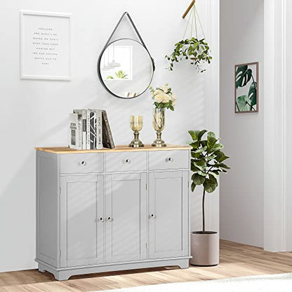 Sideboard Buffet Cabinet with Solid Wood Countertop, Modern Kitchen Storage Cabinet, Coffee Bar Cabinet with 3 Drawers, Doors and Adjustable Shelf, Gray