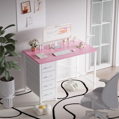 32 Inch Computer Desk with 4 Drawers Small Office Desk for Home Bedroom Study Writing Simple Modern Computer Table Pink