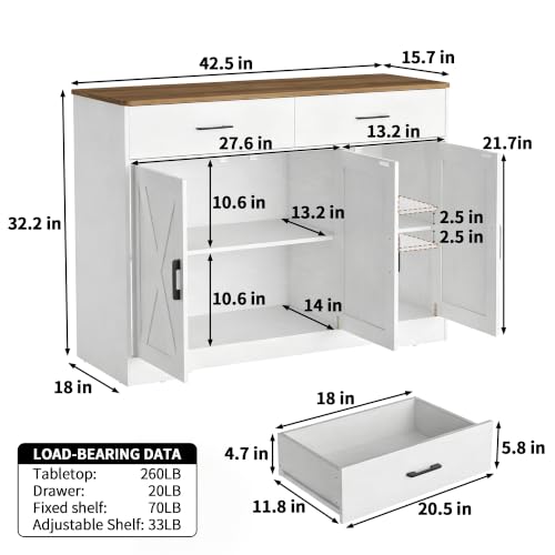 42.5" Farmhouse Sideboard Buffet Cabinet with Barn Doors, White, view 4