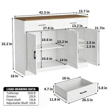 42.5" Farmhouse Sideboard Buffet Cabinet with Barn Doors, White, view 4