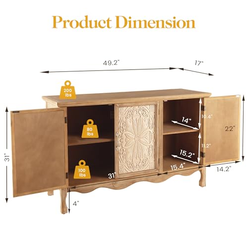 Sideboard Buffet Cabinet with Storage, Natural Solid Wood, view 3