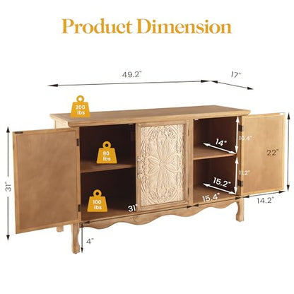Sideboard Buffet Cabinet with Storage, Natural Solid Wood, view 3