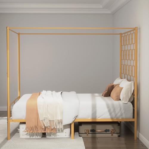 King Canopy Bed Frame, Gold Metal Bed, No Box Spring Needed, view 8