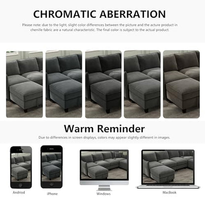 112" Modular U-Shaped Sectional Sofa, Modern 6-Seat Cloud Couch with 2 Storage Ottomans, Comfy Chenille Convertible Furniture Set for Living Room, Apartment, Easy Assembly, Dark Grey