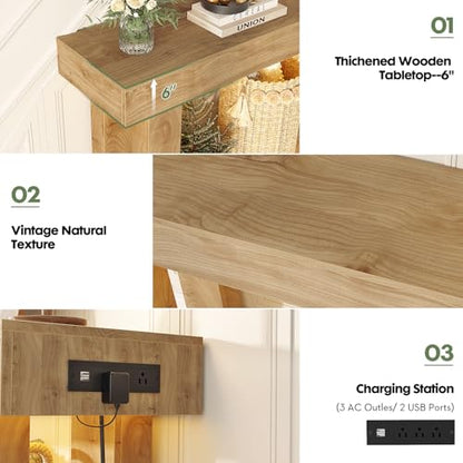 47" Entryway Table with Socket and Sensor Light, Narrow Console Table with Storage Behind Couch, Farmhouse Entry Way Tables with Open Storage for Entrance/Hallway/Living Room, Natural Oak