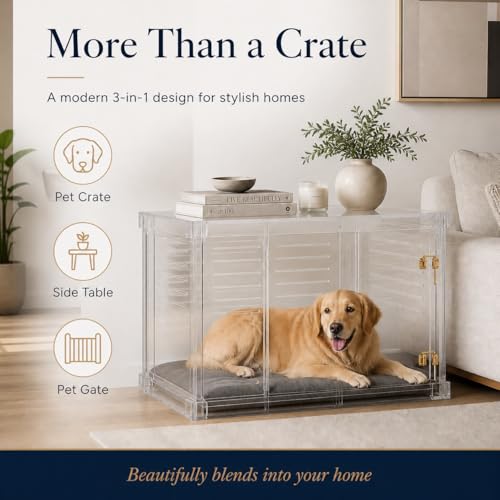 Clear Acrylic Large Dog Crate Furniture with Blush Cushion for Large Dogs, view 5