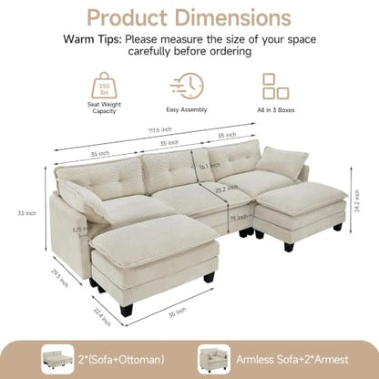 111.5" U Shaped Modular Sectional Sofa, Beige Corduroy | Cloud Couch for Living Room, 3 Seater Deep Seat Convertible Sleeper Sofa with 2 Movable Ottomans and 2 Leg Height Options