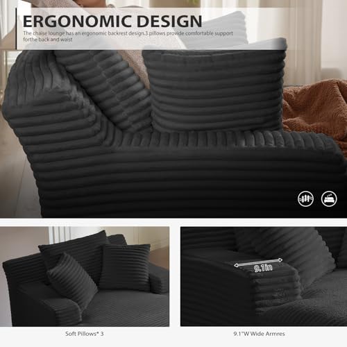 Oversized Black Corduroy Chaise Lounge with Armrests and Pillows, view 6