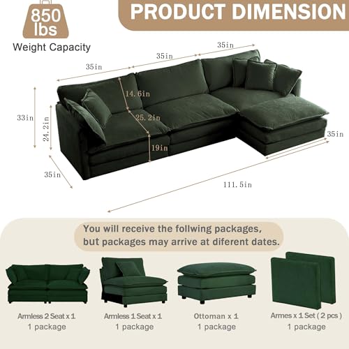 Sectional Sofa 3-Seater Modular Couch with Ottoman - Green L-Shaped 111.5" Deep Seat Living Room Furniture | Customizable Sizing