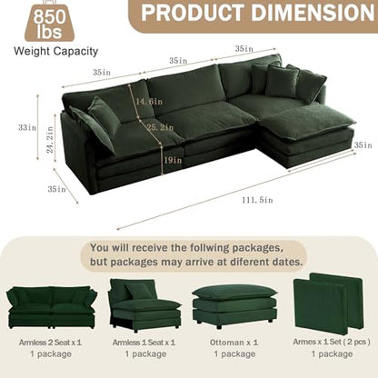 Sectional Sofa 3-Seater Modular Couch with Ottoman - Green L-Shaped 111.5" Deep Seat Living Room Furniture | Customizable Sizing
