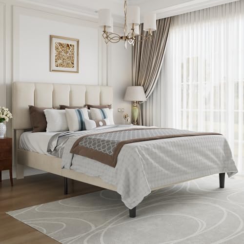 Queen Size Bed Frame with Upholstered Headboard, Pale Beige, view 2