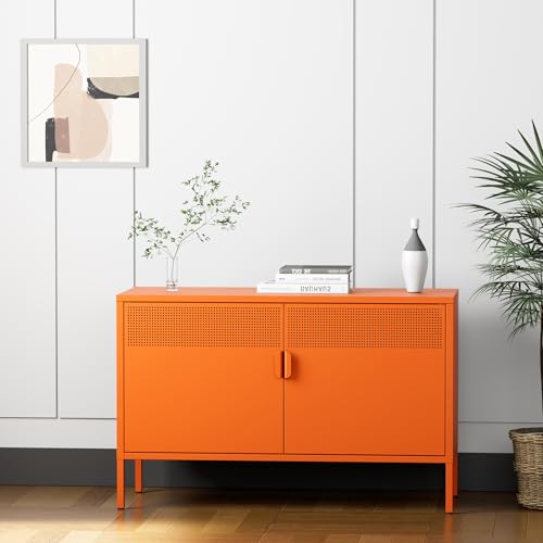 2 Door Accent Cabinet, Orange Metal Storage Cabinet with Adjustable Shelf, view 4