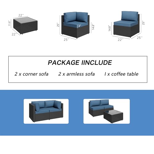 5 Piece Outdoor Patio Furniture Set,Black PE Rattan Wicker Sectional Sofa, All Weather Conversation Set with Washable Cushions & Glass Coffee Table for Backyard Poolside Garden Porch,Navy Blue