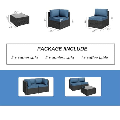 5 Piece Outdoor Patio Furniture Set,Black PE Rattan Wicker Sectional Sofa, All Weather Conversation Set with Washable Cushions & Glass Coffee Table for Backyard Poolside Garden Porch,Navy Blue