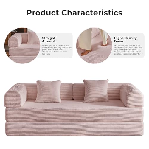79" 5-in-1 Convertible Sofa Bed No Assembly, Boneless Couch Bed with High Density Foam, Foldable Sleeper Sofa, Corduroy Modular Couch for Apartment, Studio, Dorm Room, Small Space,Pink