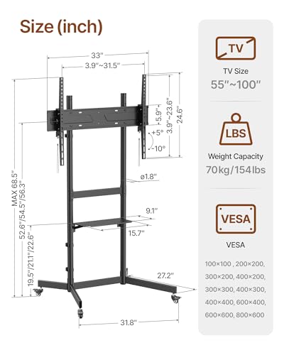 Heavy-Duty Rolling TV Stand for 55–100" Screens — Supports 165 lbs, Stable Mobile TV Cart with Shelf & Locking Wheels, Max VESA 800x600mm, Black