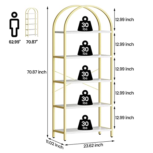 Bookshelf 5 Tier Bookcase Arched Display Racks Tall Standing Bookshelves Metal Frame Modern Storage Rack Shelf Large Wood Book Shelf for Bedroom, Living Room, Home Office, White/Gold