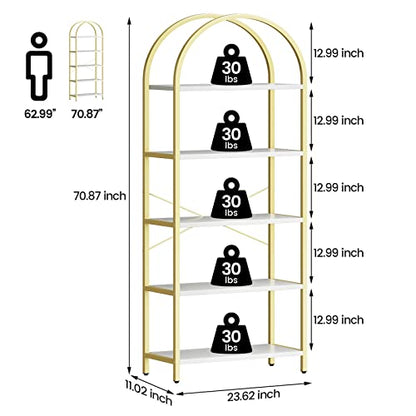 Bookshelf 5 Tier Bookcase Arched Display Racks Tall Standing Bookshelves Metal Frame Modern Storage Rack Shelf Large Wood Book Shelf for Bedroom, Living Room, Home Office, White/Gold