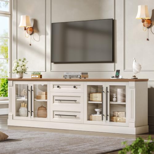 Farmhouse TV Stands for 80 Inch TV with Storage,White, view 2