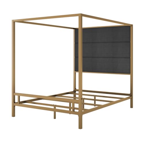 Queen Size Canopy Bed with Upholstered Headboard and Storage,Gold+Dark Grey, view 7