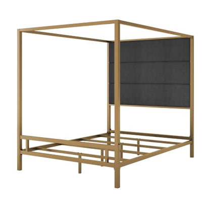 Queen Size Canopy Bed with Upholstered Headboard and Storage,Gold+Dark Grey, view 7