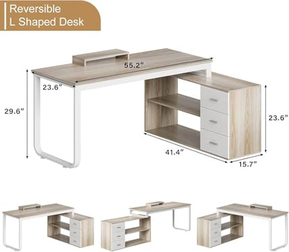 55" L Shaped Desk with Drawers and Shelves, Home Office Desk with Monitor Stand for Work Writing Study, Reversible Corner Desk with Storage, White and Walnut