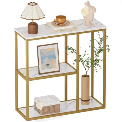 31.5" Narrow Console Table with 3-Tier Storage, Industrial Sofa Table for Entryway, Living Room & Hallway - Gold Marble Faux Top, Sturdy Metal Frame
