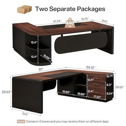 Tribesigns 81'' L-Shaped Executive Desk, Large Modern Office Desk with Drawers and File Cabinet for Home or Business Workspace, Computer Desk with Storage Shelves, Walnut & Black