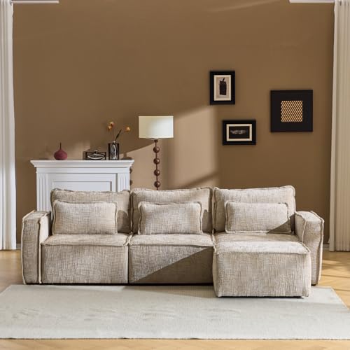 111" Convertible Modular Sectional Sofa,Comfortable L Shaped Reversible Couch with Ottoman, Removable 3 Seater Boneless Modern Couch, Durable Chenille Cloud Sofa for Living Room,Khaki