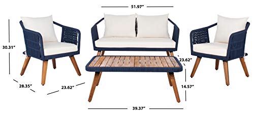 SAFAVIEH Outdoor - Raldin Navy Rope 4-Piece Patio Set, Eucalyptus Wood Conversation Set with Beige Cushions, Outdoor Sofa, Chairs & Coffee Table (PAT7049E)