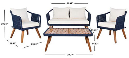 SAFAVIEH Outdoor - Raldin Navy Rope 4-Piece Patio Set, Eucalyptus Wood Conversation Set with Beige Cushions, Outdoor Sofa, Chairs & Coffee Table (PAT7049E)