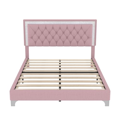 Bedroom Sets, 3-Pieces Bedroom Sets, Queen Size Upholstered Platform Bed with LED Lights and 2 Nightstands, Pink