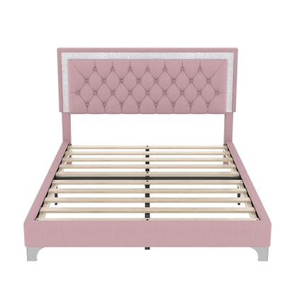 Bedroom Sets, 3-Pieces Bedroom Sets, Queen Size Upholstered Platform Bed with LED Lights and 2 Nightstands, Pink