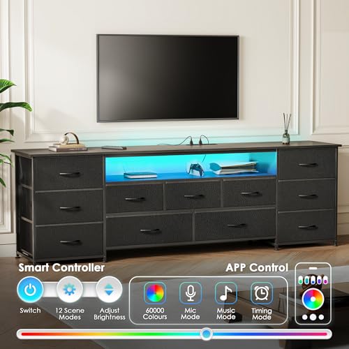 70 Inch TV Stand for 75, 80 Inch TV, 11 Drawer Long Dresser with Power Outlets and LED Lights, Entertainment Center with Storage, Black Dresser with PU Leather Surface