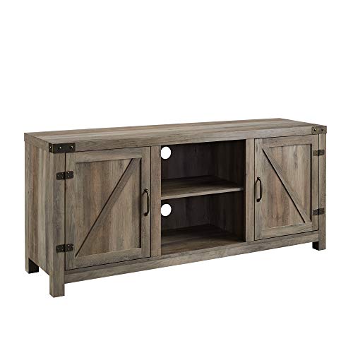 Larae Modern Farmhouse Barn Door TV Stand for TVs up to 65 Inches, 58 Inch TV Table for Living Room, Without Fireplace, Grey Wash